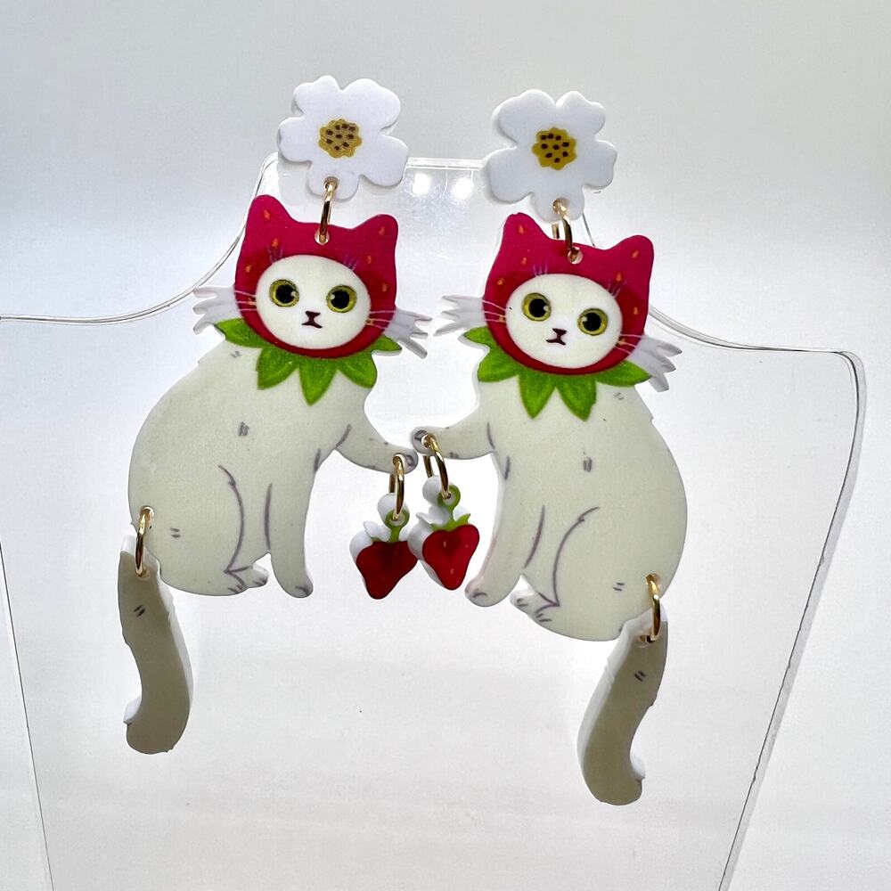 Strawberry Cat Earrings - Kitten Earrings - Strawberry Accessories - Summer Ear